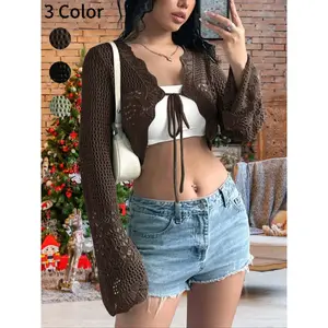 Women’s openwork crochet tie-front sweater, knitted V-neck flared pants, long-sleeved knitted cardigan, wool sweater with scalloped trim, cropped top