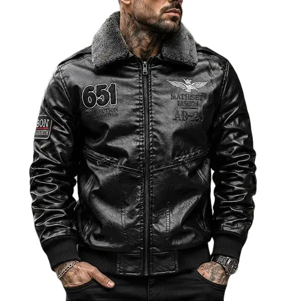 Men’s autumn/winter American Air Force faux shearling collar leather jacket, model 651, featuring an embroidered eagle motif, thickened for warmth, motorcycle style with embroidered patches and numeric prints, vintage motorcycle jacket. Long Sleeve Casual