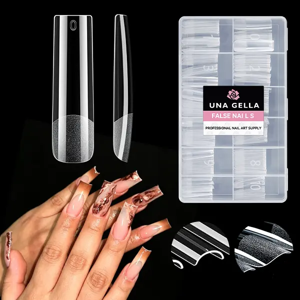 UNA GELLA 216PCS Lightweight Adjustable Acrylic Fake Nails - 12 Sizes Full-Half Cover Pre-Filed Pre-Built Set, Crease-Free Bend, Half Matte Finish, Long-Lasting, Flat-Friendly No C Curve Tips for Easy Nail Art DIY Manicures, Acetone Removal Compatible