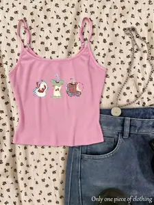 Y2K Style Apple Print Crop Top, Adjustable Shoulder Straps, Slim Fit Sleeveless Shirt, Streetwear Trendy Women's Clothing, Spring Summer New Arrival