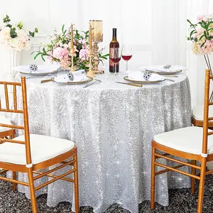 132" Round Sequin Taffeta Tablecloth - Platinum/Light Silver (1pc)