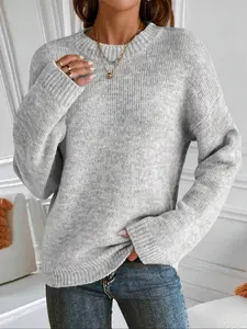Women's Fashion Sweater Autumn Winter Casual Simple Solid Color Round Neck Pullover Knit Top, Ladies Long Sleeve Drop Shoulder,Gifts For Women