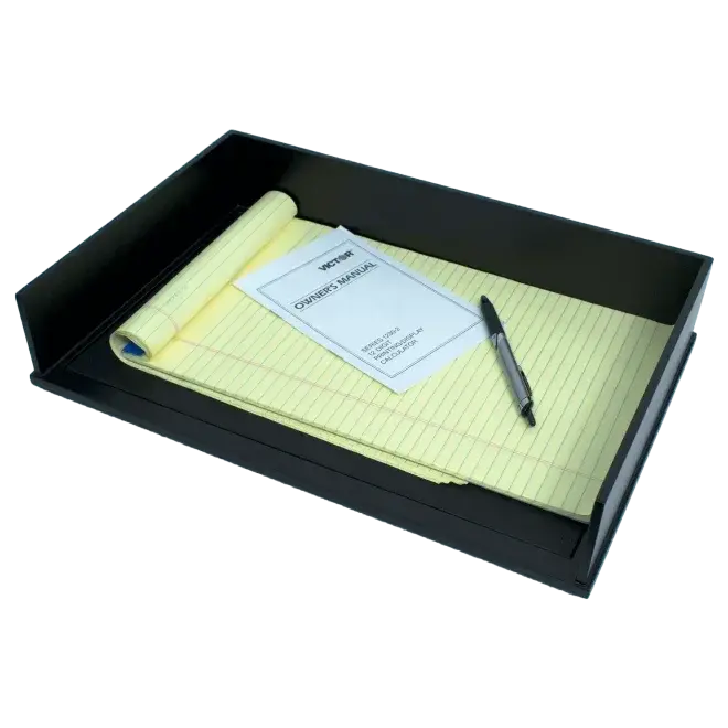 VICTOR® Matte Black Rectangular Legal Size Letter Tray - Stackable Wood Executive Desk Organizer, Faux Leather Top, Document Holder, Tabletop Letter Trays & Stacking Supports, Crown Molding Base (3 lbs, 16.4” w × 10.6” d × 3.1” h), Legal-Size Capacity, Fu