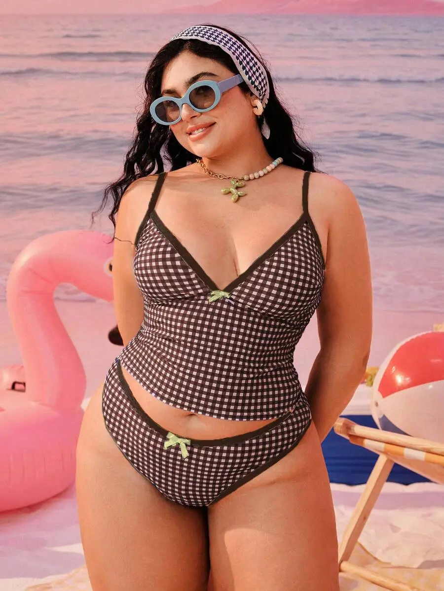 Plus Size Women 2-Piece Geometric Print Bikini Swimwear Summer Elegant Beach Holiday Modest Bow Adjustable Strap High Waist Swimsuit