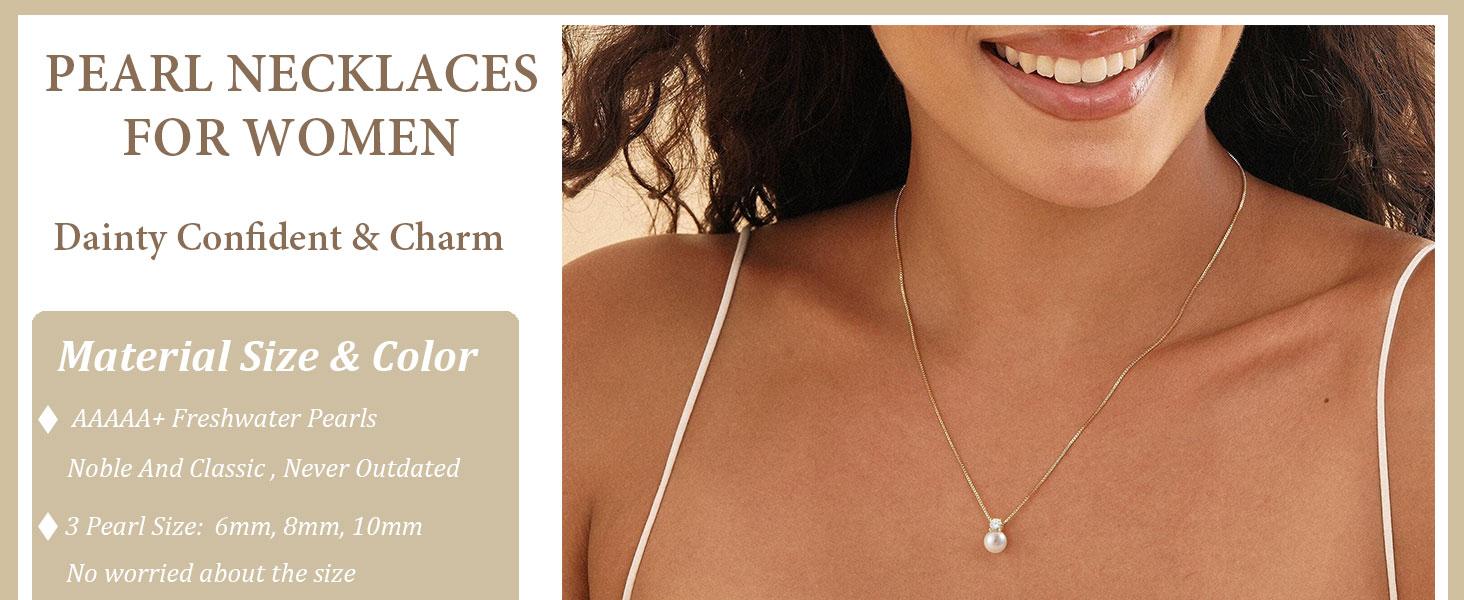 Pearl Necklaces for Women Trendy 6MM 8MM 10MM Dainty Round Natural Freshwater Pearl Necklace Silver 14K Gold Plated CZ Pearls Necklaces for Women Birthday Bridesmaid Wedding Gifts Pearl Jewelry