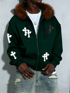 Men's Hooded Sweatshirt Faux Fur Zipper Jacket Gothic Cross Patch Vintage High Street Style Multiple Colors Available