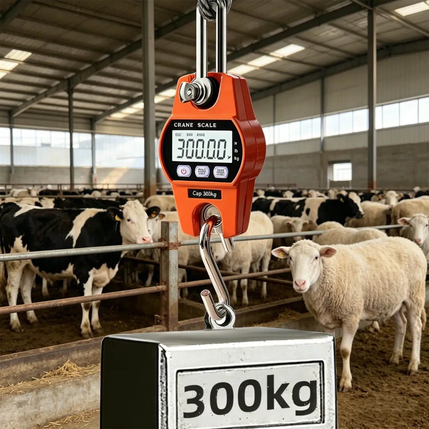 Heavy Duty Digital Crane Scale 660LB/300KG - Industrial Compact LCD Hanging Scale with Stainless Steel Hook for Garage, Farm, Hunting, Fishing & More (Orange)