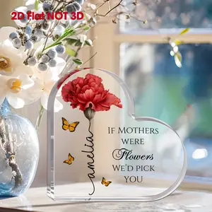 2D Flat, 1pc Personalized Clear Acrylic Desk Nameplate - Custom Name/Message/Flower Phrase - Love-Heart Shaped Name Sign for Mom, Teacher, for home Office Desk - Birthday/Christmas Gift, Durable Acrylic with Custom Floral Text Centerpiece