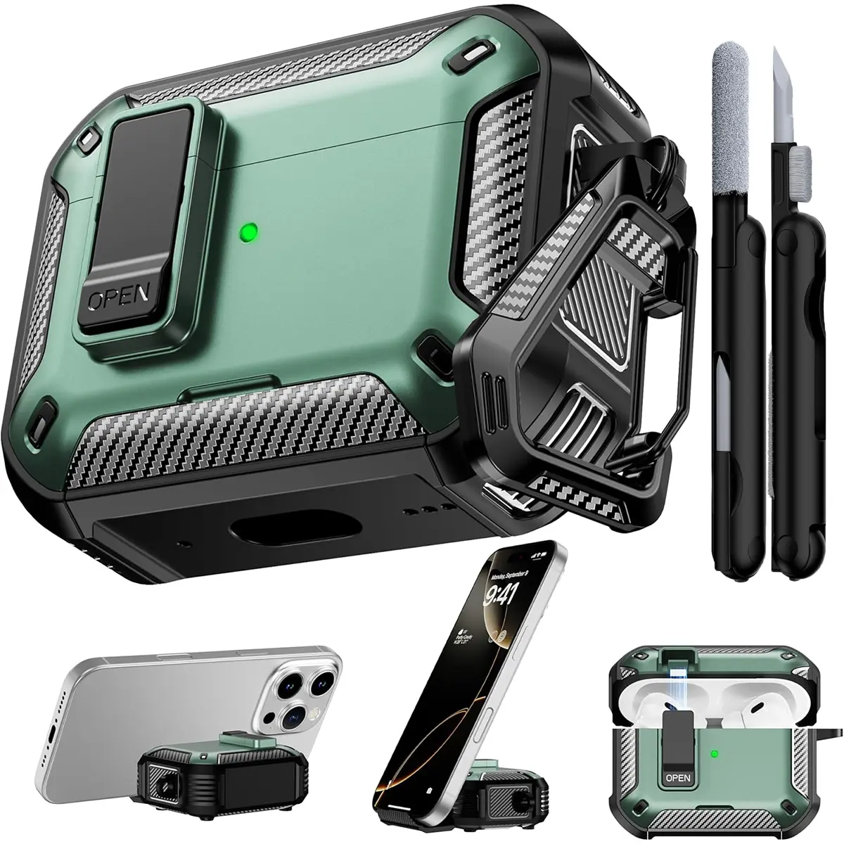 Airpods Pro 3 Case 2025, with Safety Lock & Phone Stand for AirPods Pro 3rd Generation Case Cover with Cleaner & Keychain, Shockproof & Anti-Scratch, Auto-Open, Compatible with MagSafe（Green）
