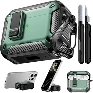 Airpods Pro 3 Case 2025, with Safety Lock & Phone Stand for AirPods Pro 3rd Generation Case Cover with Cleaner & Keychain, Shockproof & Anti-Scratch, Auto-Open, Compatible with MagSafe（Green）