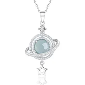 Women’s Silver Natural Jade Necklace with Blue Water Dream Planet Pendant – Fashionable and Versatile