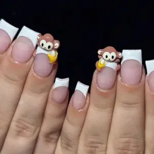 S54 Nailed by Vibe - Cute Monkey & Banana Press-On Nails, Classic French Tips, Cartoon-Inspired Playful Vibes, Fun Nail Art for Animal Lovers, Gift for Her