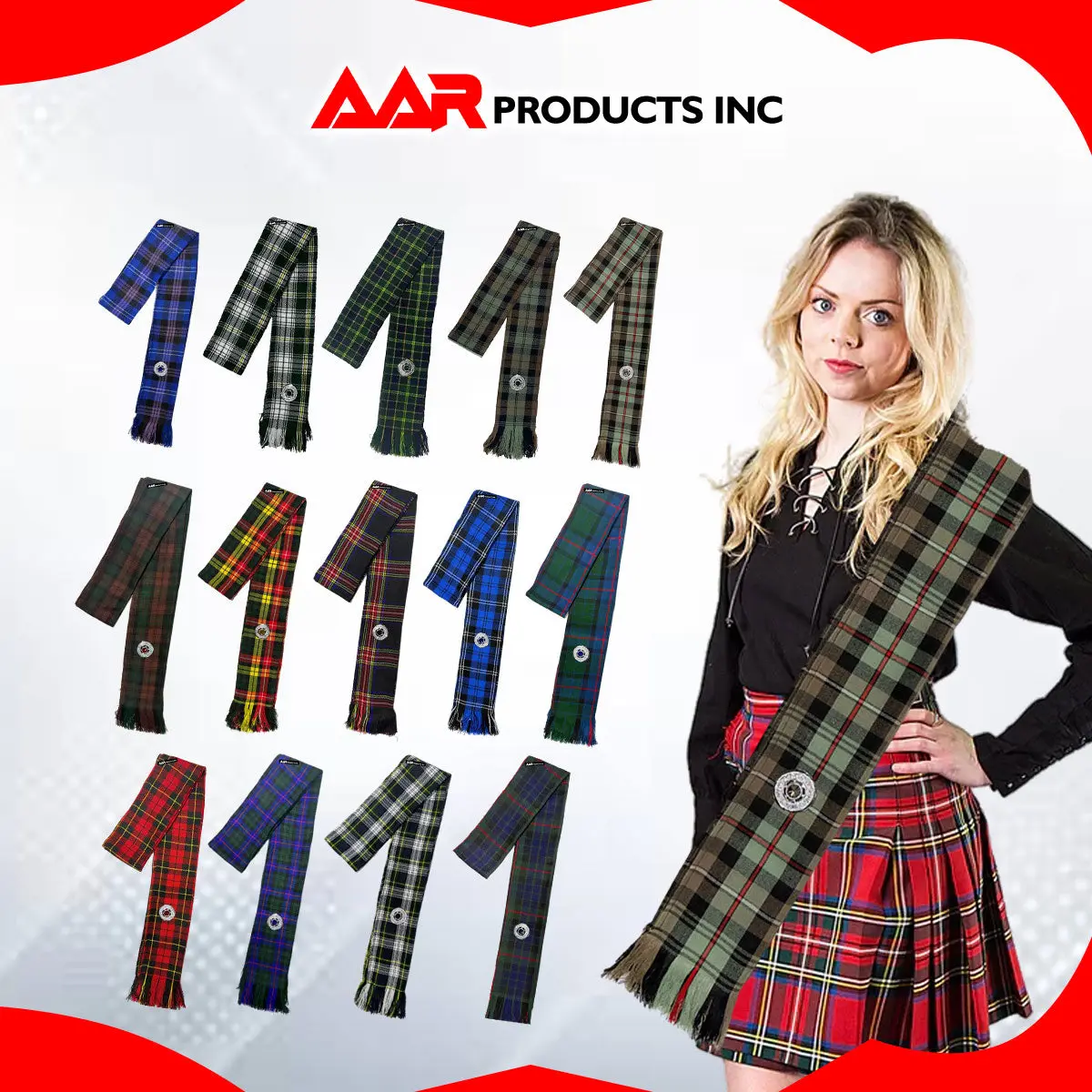 AAR Products Inc Women’s Acrylic-Wool Blend Tartan Clan Sash - 90x10.5 In, Brooch Included, Multiple Tartan Options (Mackenzie, Gordon, Anderson), Scottish Highland Wear for Clan Events, Highland Games