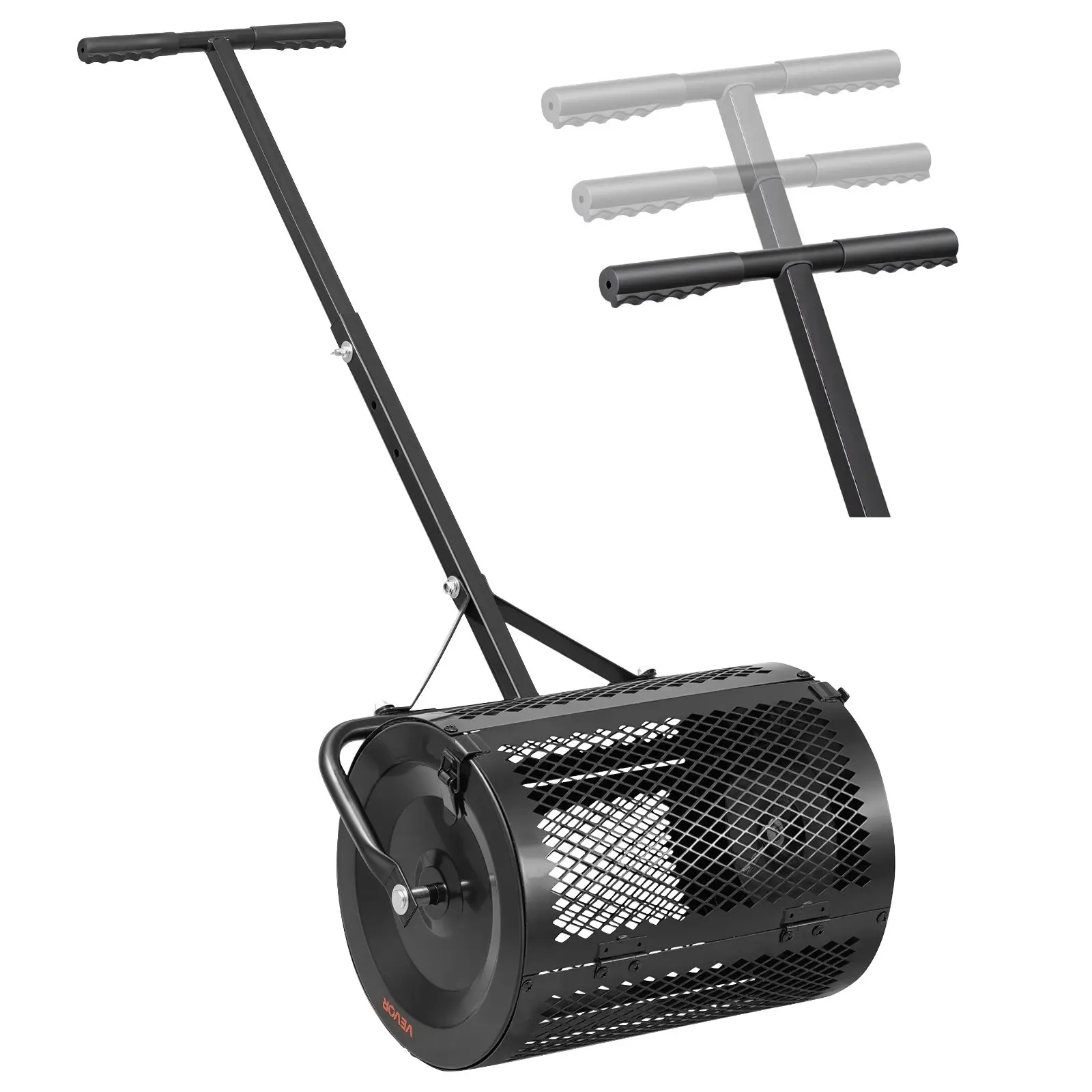 VEVOR Compost Spreader, 16.5 in 1.2 cu ft Powder-Coated Steel Roller with 3-Height Adjustable T-Handle (11.8 in Width), 13.6 lbs Heavy-Duty Mesh Tool (TI-026I) for Peat Moss, Grass Seed Planting (20.1x12.8x49.2 in, Black)