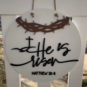 He Is Risen Door-hanger  - Christian Decor with Cross and Floral Design, Black and White, Decorative Home Sign, door hanger