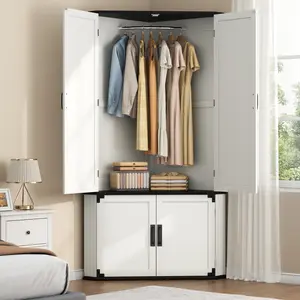 Corner Armoire Wardrobe Closet with Doors, 71'' Tall Storage Cabinet with 90° Triangular Structure & Hanging Rod, Farmhouse Corner Closet, White Wooden Wardrobe Closet