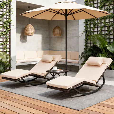 ZZWHOM 3pcs/Pack Modern Ergonomic Armless Outdoor Lounge Chairs - Water-Resistant, Foldable, Easy to Move, 400lbs Load, Anti-Slip Pads, Side Table, Removable Pillow, Curved Rockers, 70cm Backrest Height, Pre-Assembled Outdoor Furniture for Couples, Adults