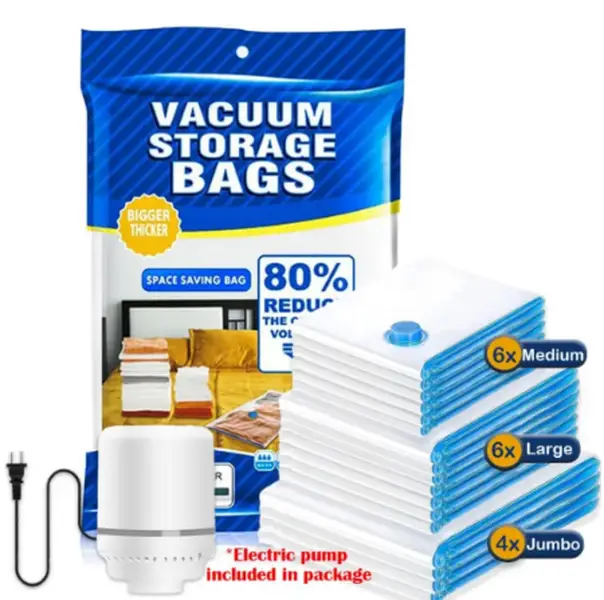 12 Pack Vacuum Storage Bags, Blue Transparent, Airtight Dust Moisture-Proof, Extra Large Capacity, 80% Space Saving Bag, Includes Hand Pump