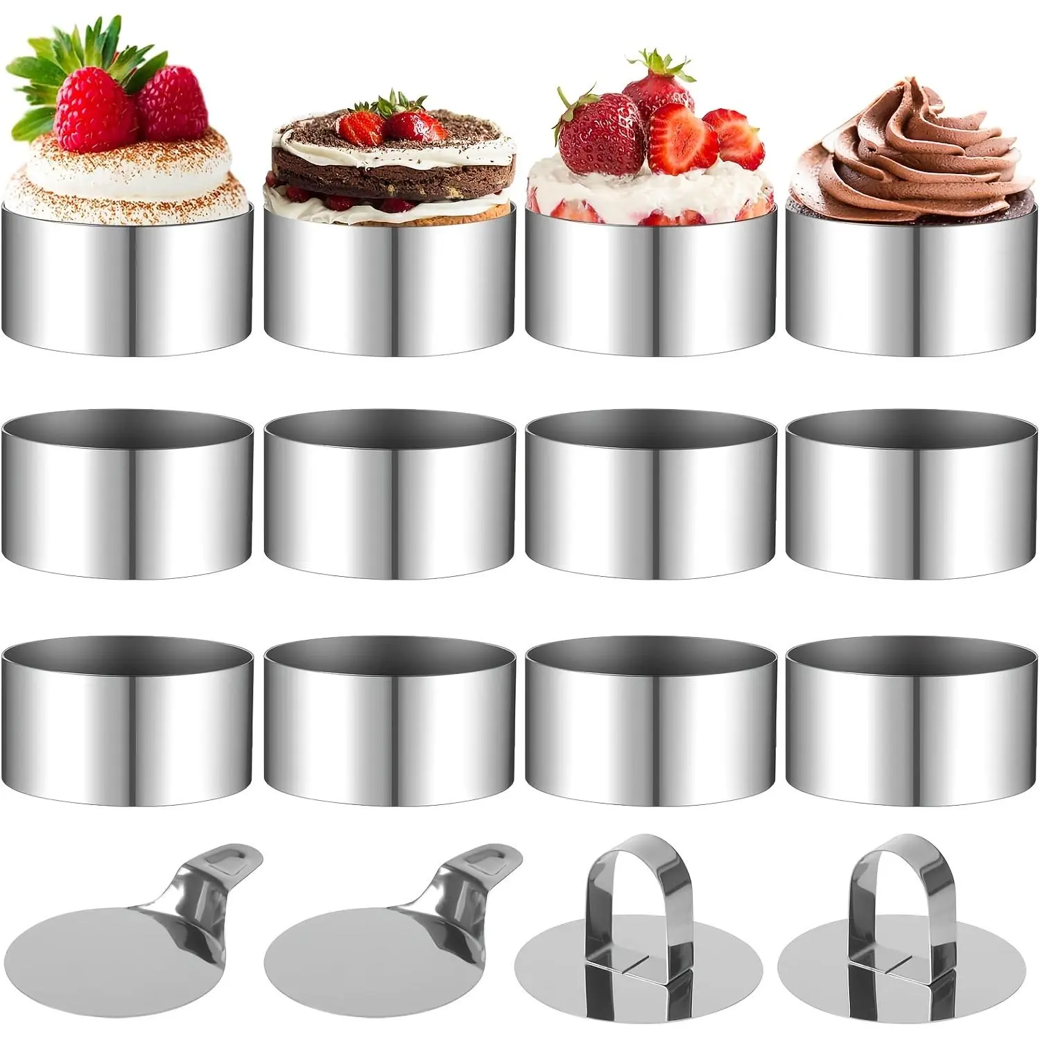 16 Pieces Round Cake Ring Molds, Stainless Steel Cake Ring Mold with Pusher, for Kitchen Tools, Baking Pastry (Include 12 Rings and 4 Pushers)