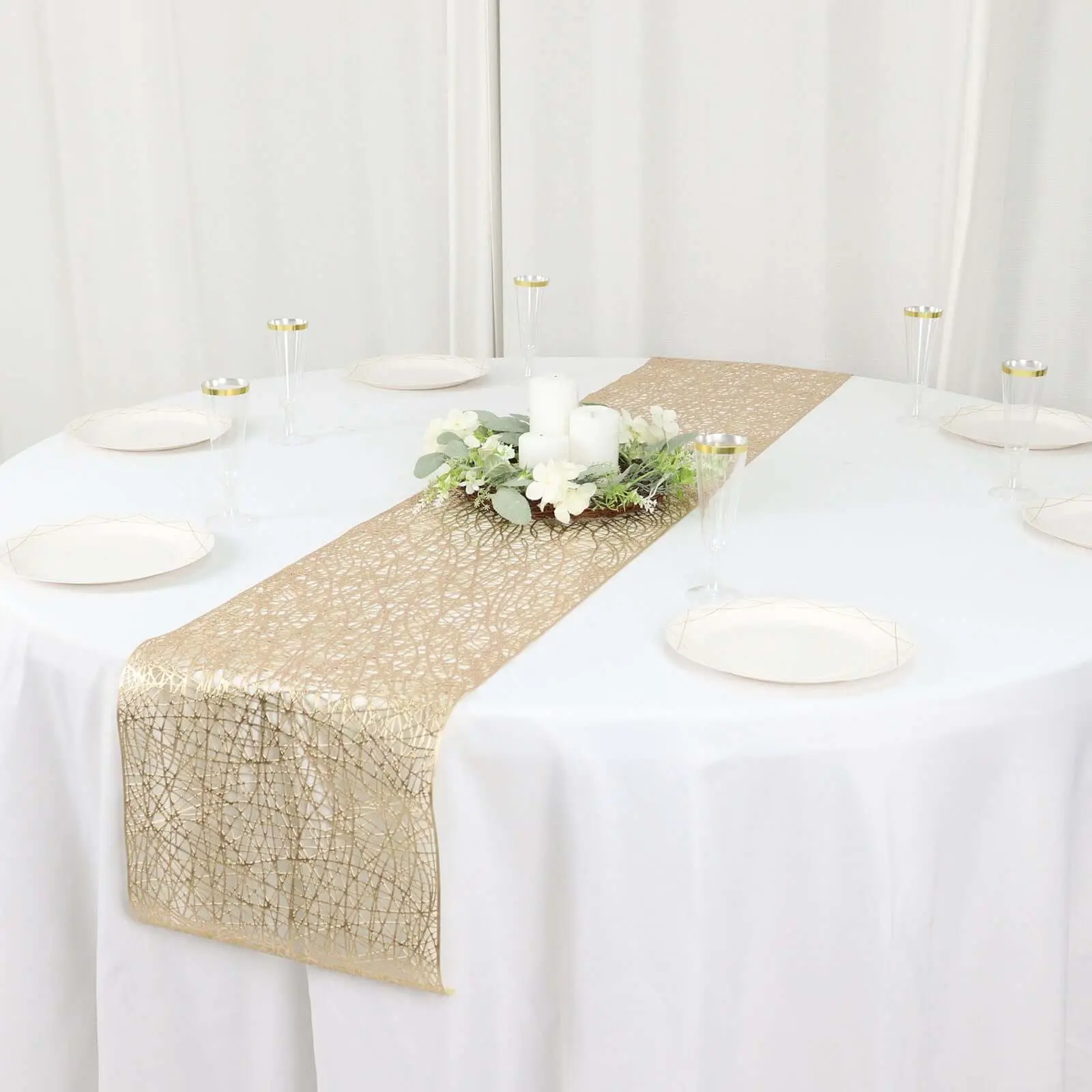 Metallic Gold Plastic Woven Vinyl Table Runner (13"x6ft) - Non-Slip, Reversible Home, Party, Event Decoration for Household Tabletop Linens, Wedding
