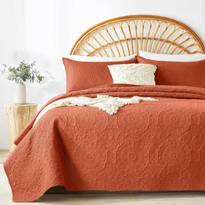 Burnt Orange Quilt King/Cal King Size, Embossing Microfiber Bedspreads with Pillow Sham, Ligthweight Thin Coverlet, for(1 Quilt,2 Pillow Shams)