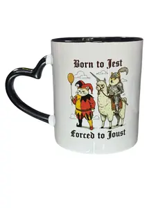 Born to Jest Forced to Joust Funny Coffee Mug, White with Black Heart Handle, 11 oz