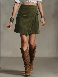 Women's Asymmetrical Hem Skirt with Side Fringe Design, Suede Western Style Vintage Look, Casual Spring & Fall Wear