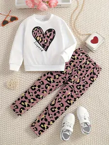 Two-piece Set Girl's Leopard Heart Print Sweatshirt & Elastic Waist Pants Set, Casual Round Neck Long Sleeve Pullover & Trousers, Kids Fall & Winter Clothes Valentine's Day, gift, Baby Girl Clothes