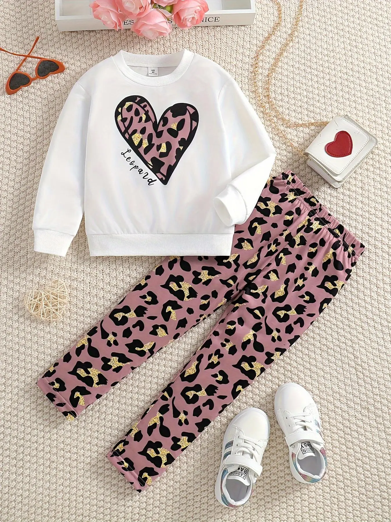 Two-piece Set Girl's Leopard Heart Print Sweatshirt & Elastic Waist Pants Set, Casual Round Neck Long Sleeve Pullover & Trousers, Kids Fall & Winter C