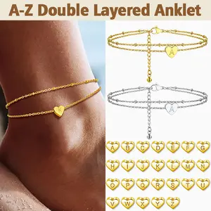FindChic Initial Heart Anklet A-Z 26 Letter Ankle Jewelry Double-Layered Anklet Golden Stainless Steel Ankle Bracelet Foot Jewelry For Women Girlfriend