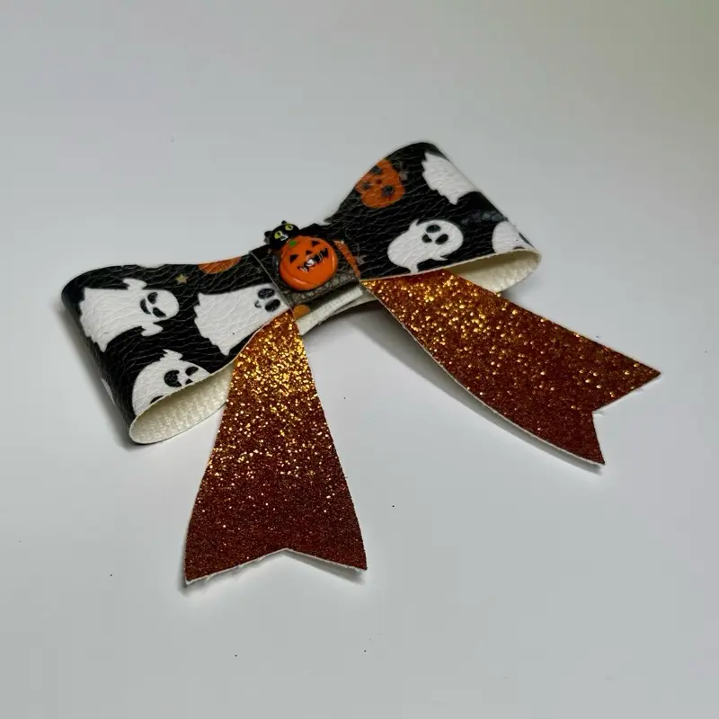 Ruby Bowtique Ghost Black and Orange Hair Bow with Pumpkin Charm for Halloween Party