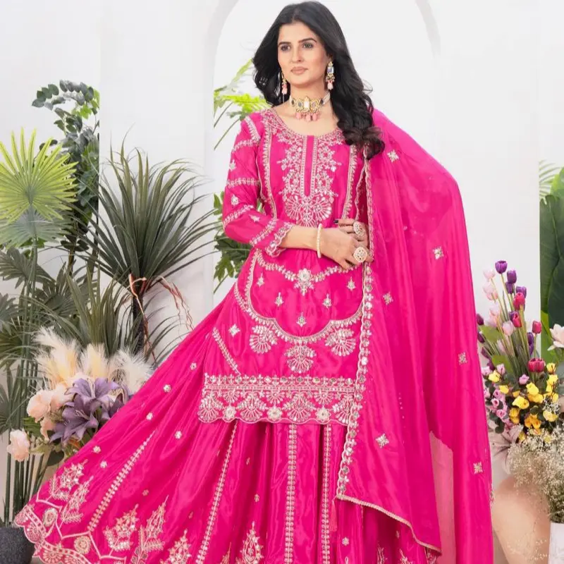 Women's Designer Plazo Set Indian Sharara Pakistani Diwali Party Wear Orange with Gold Embroidery & Polka Dots Heavy Faux Georgette Top Plazzo & Dupatta Collection AD210