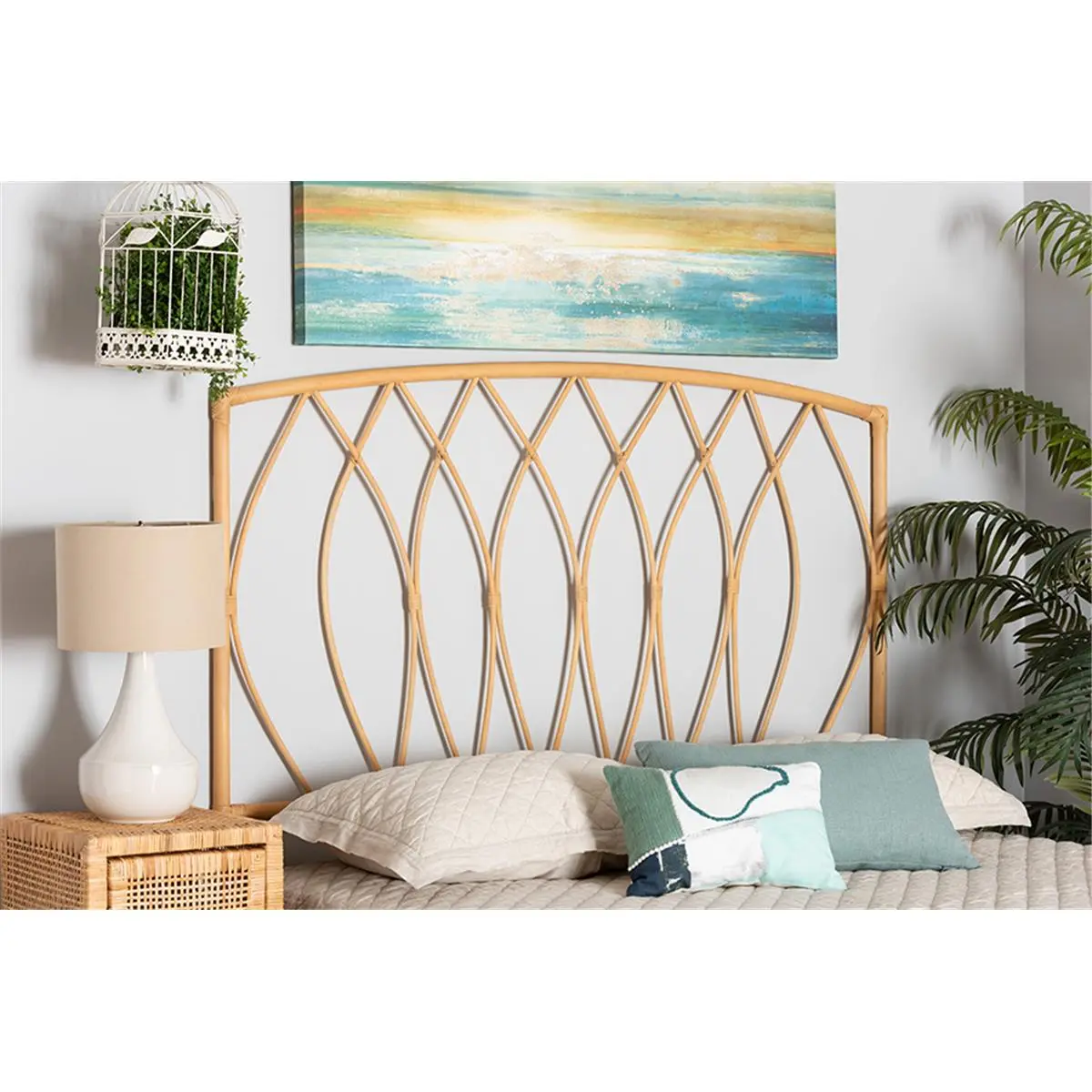 212 MAIN Queen Size Modern Bohemian Natural Rattan Wall Mount Headboard - Geometric Frame, Openwork Rods, Pre-Assembled, Natural Brown, 63.8x34.3x2 in. (Baxton Studio Halia Collection)
