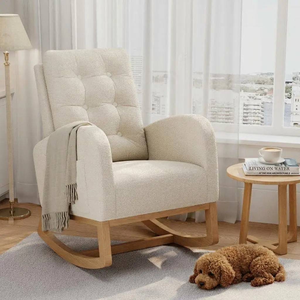 GAOMON Modern Rocking Chair for Living Room-Beige | Comfortable Recliner Rocker with Side Pocket, Soft Linen Upholstered Glider Chair for Bedroom, Nursery, Lounge