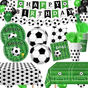 170-piece football themed decoration set: plates, napkins, cups, banners, balloons, tablecloths and tableware, suitable for 10-24 people, plus 10 football painting stickers