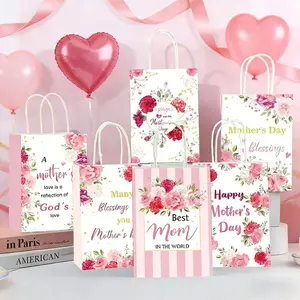12pcs Mixed Design Mother's Day Kraft Paper Gift Bags with Handles, Floral Gift Bags for Mom, Birthday Gift Packaging Bags, Gift Wrapping Supplies