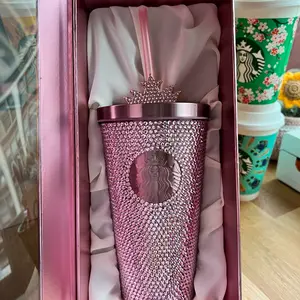 Starbucks 2024 Oversea limited pink purple Rhinestone stainless steel tumbler W/ royal straw cover