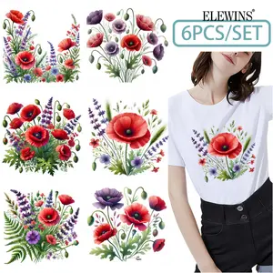 6 pcs of hot transfer stickers: spring grassland poppies, decals, iron-on patches, DIY t-shirt, jeans, backpack, home clothing, hat decoration, appliques.