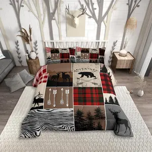 Rustic Farmhouse Comforter Set,Deer Bears Patchwork Bedding Set for Kids Teens,Christmas Retro Plaid Grid Duvet Insert,Country Bohemian Arrows Quilt, Blanket Bedding Set, Patchwork Quilt Sets