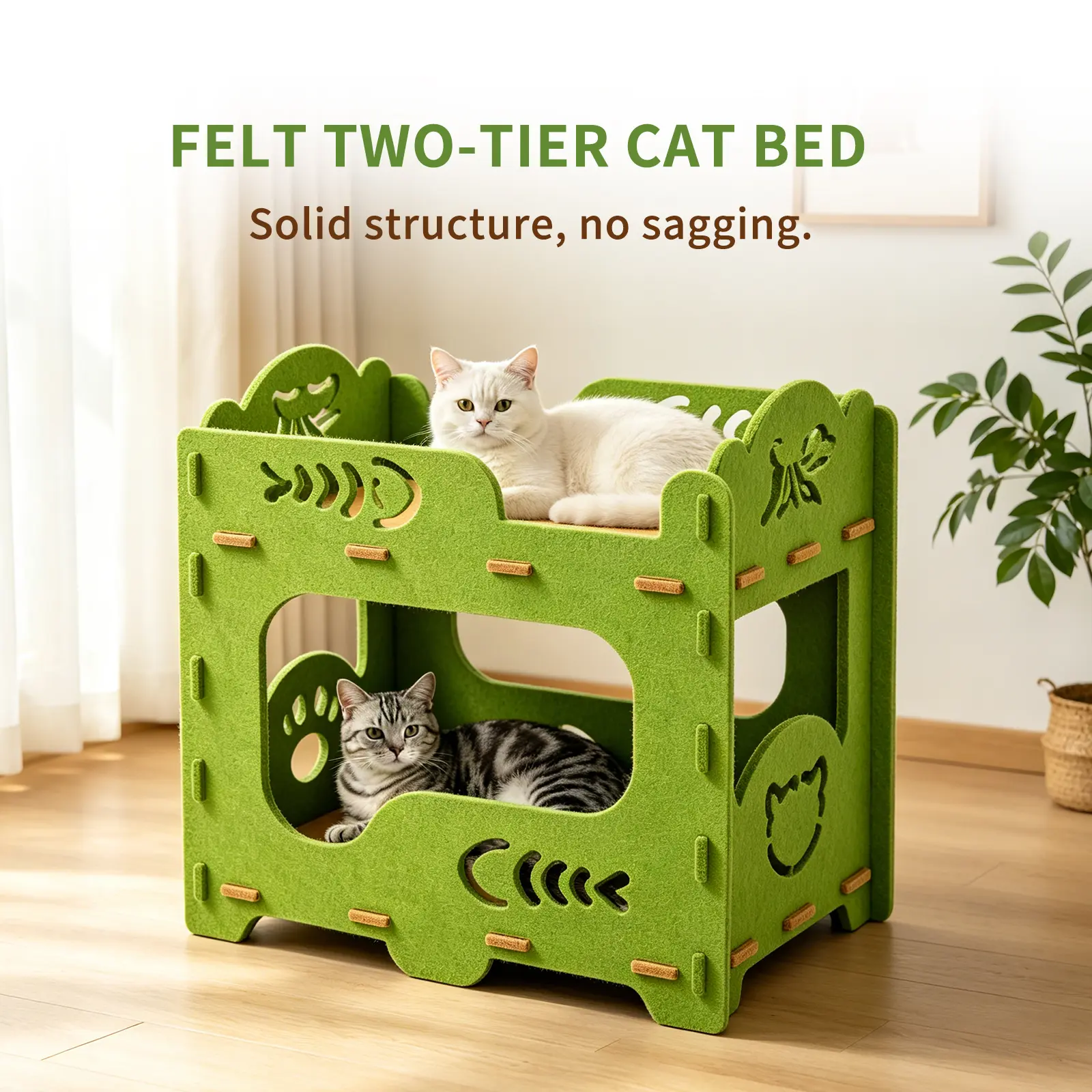 2-Tier Cat Bed for Multiple Cats  Spacious Felt Cat House with Scratch Resistant Design, Cozy Hideaway & Sleeping Space, No Tools Assembly, Stable Cat Furniture for Indoor Cats, Perfect for Small Apartments & Modern Homes (Green/White)