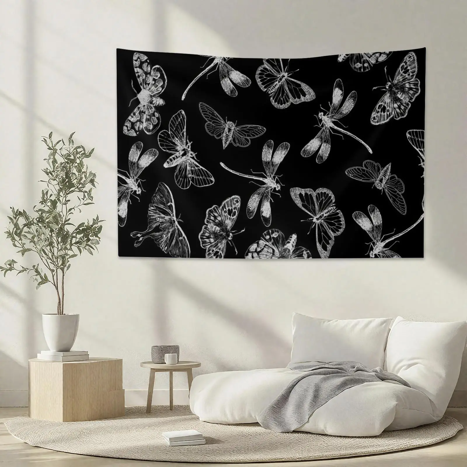 White Line Art Butterflies And Dragonflies Pattern On Black Background Tapestry Vintage Botanical Insect Wall Decor for Teen Room