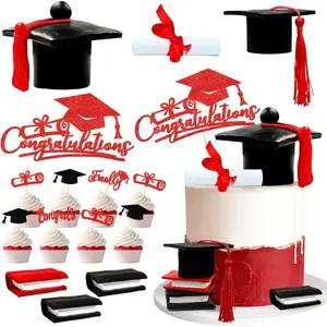 15PCS Red and Black Graduation Cake Topper Set for 2026 Graduation Cake Decorations Book Congrats Cake Toppers for Boys Girls Women Men School University Graduates Grad Party
