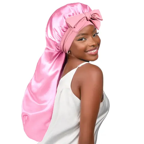 YANIBEST Women's Silk Bonnet Hat - Pink Satin Hair Wrap with Tie Band, Decorative Sleep Hat for Long Hair, Fashion Accessory Gift for Women, Hair Wraps
