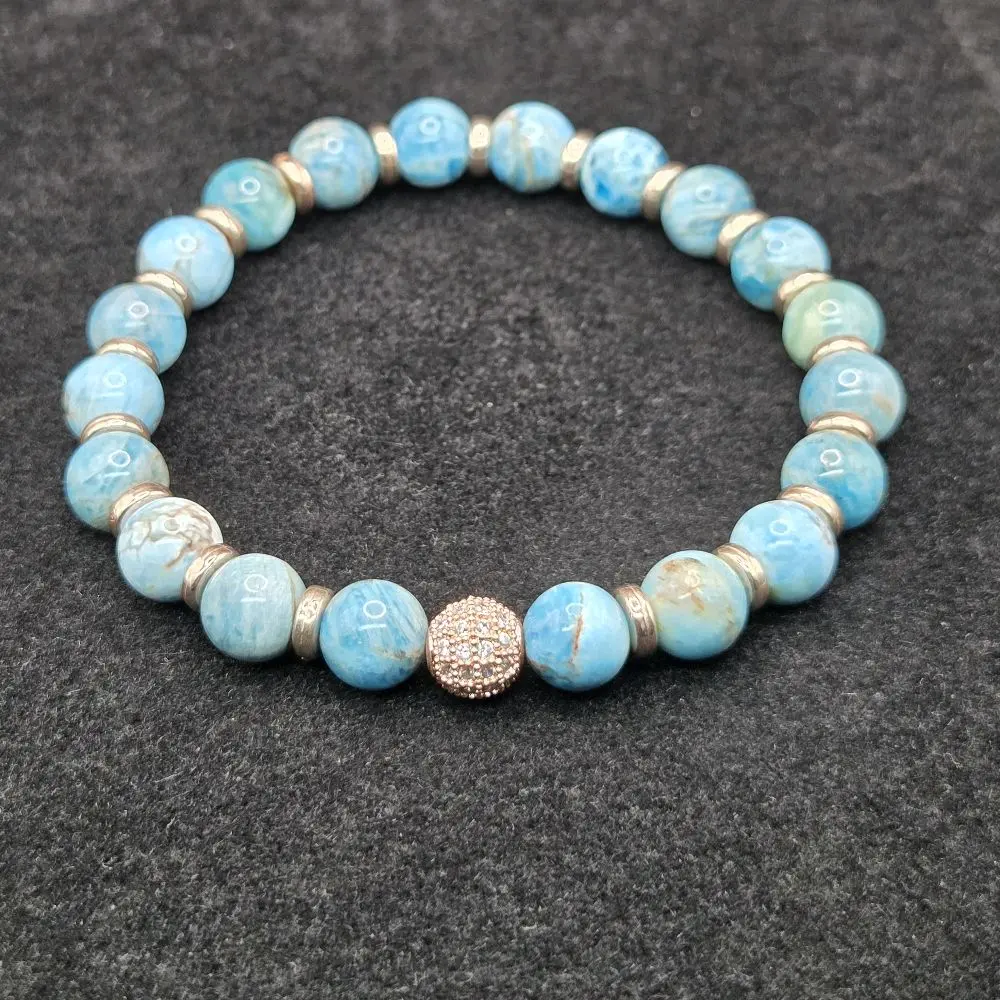Apatite Crystal Bracelet with Rose Gold Beads and Dazzling Center Stone.