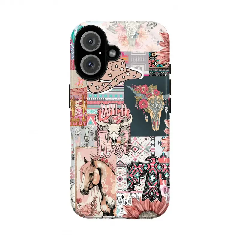 Western Cowgirl Collage Phone Case, cowgirl horse cow sunflower  leopard skeletal hand card cactus saddle rustic Americana vibes baby girl no bad vibes aesthetic gift play now, iPhone 17 16 15 14 13 12 Pro Max Plus X, Galaxy S25 S24 S23 S22 S21 Ultra, Acc