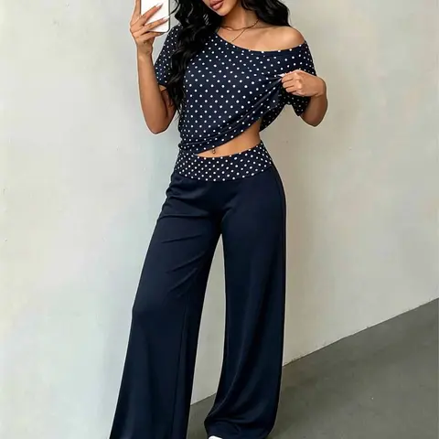 Women's Polka Dot 2-Piece, Off-Shoulder Top & Wide Leg Pants, Soft Viscose Loungewear, Casual Summer Co-Ord Set, Casual Matching Set, Womenswear, Printed Pants Set