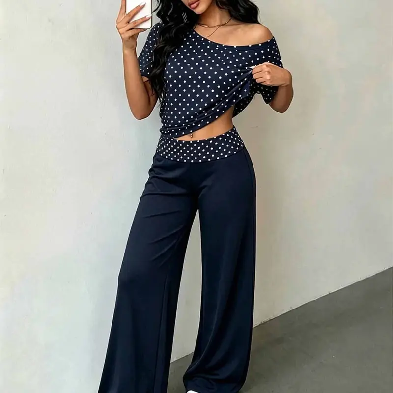 Women's Polka Dot 2-Piece, Off-Shoulder Top & Wide Leg Pants, Soft Viscose Loungewear, Casual Summer Co-Ord Set, Casual Matching Set, Womenswear, Printed Pants Set