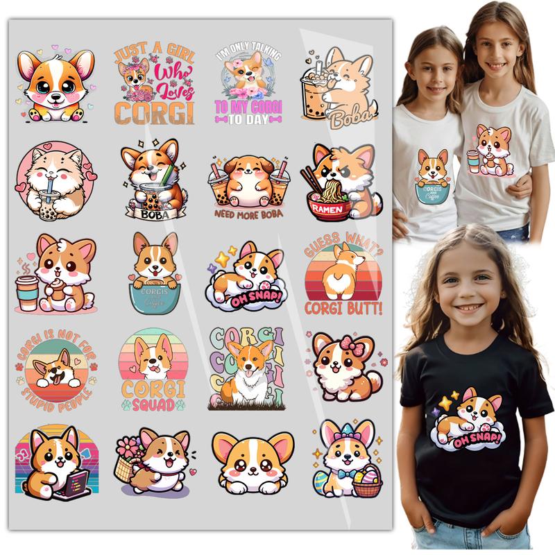 20 Sheet Cute Corgi Dogs Kids Girls Iron On Transfer T-Shirt Stickers Iron Heat Transfer Direct to Film DTF Transfers Ready to Press for T-Shirts/Bag/Pillow