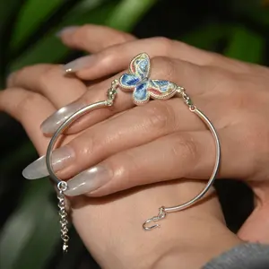 ”Ethnifly“  Dreamy Colorful Butterfly Bangle  Blue Red Gradient Wings Silver Bracelet