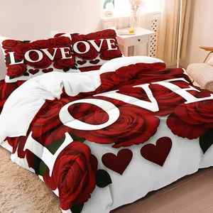 3pcs Valentine's Love rose Day Applicable Love Letter Pattern Duvet Cover Set, Bedding Set, Decorative Duvet Cover, Soft and Comfortable Duvet Cover, Suitable for Bedroom, Guest Room 1*Duvet Cover +2*Pillowcase, Without Core